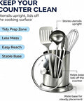 Heavy Duty Stainless Steel Kitchen Utensil Holder And Countertop Caddy Game Changer with spatulas and ladles, organized for easy access.