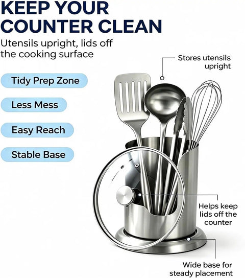 Heavy Duty Stainless Steel Kitchen Utensil Holder And Countertop Caddy Game Changer with spatulas and ladles, organized for easy access.