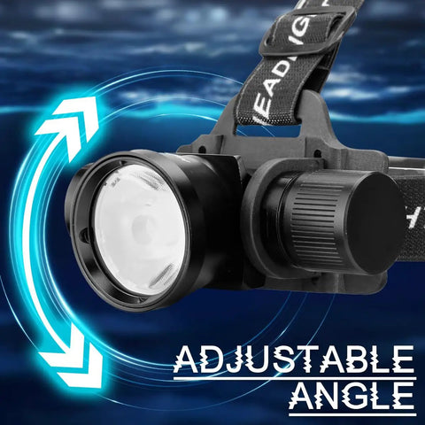 Powerful 3000 Lumen Dive Headlamp with adjustable angle, showcasing IP68 waterproof build and rechargeable design for diving.