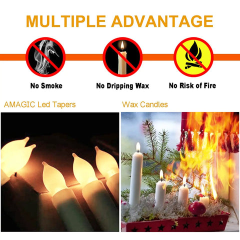 Comparison of 12 Pack Battery Operated Taper Candles With Remote and wax candles with benefits of smokeless, drip-free, and safe use