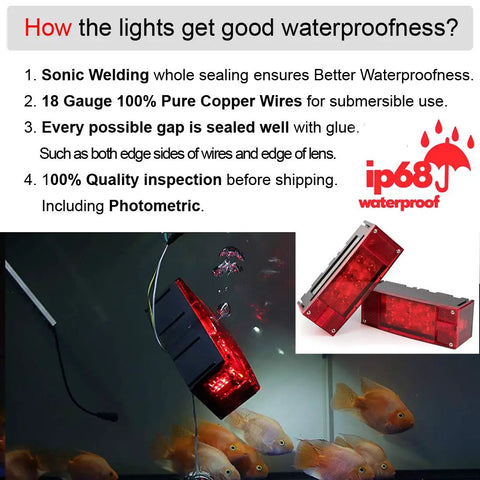 2 Pack 12V LED Submersible Low Profile Rectangular Trailer Lights Kit with waterproof test and product details in aquarium