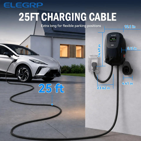 40 Amp Level Two Electric Vehicle Charger 9 Point 6 Kilowatt J1772 Standard Nema 14 50 Plug 25 Foot Heavy Duty Cord showing 25ft charging cable.