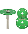 Diamond Metal Cut Off Wheel Set Pro Grade Heavy Duty 30mm 40mm 50mm With 6mm Round Shaft, showing green discs