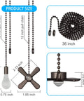 Image showing Beaded Ball Ceiling Fan Pull Chain Set With Zinc Alloy Bead Extenders And Connectors Includes Four Pendant Chains Two 36 Inch Extensions Eight Extra Connectors Easy Install Rust Proof Oil Rubbed Bronze, featuring pendant and light bulb designs with size dimensions.