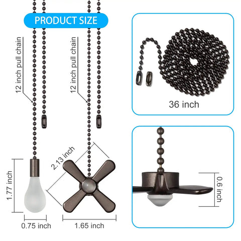 Image showing Beaded Ball Ceiling Fan Pull Chain Set With Zinc Alloy Bead Extenders And Connectors Includes Four Pendant Chains Two 36 Inch Extensions Eight Extra Connectors Easy Install Rust Proof Oil Rubbed Bronze, featuring pendant and light bulb designs with size dimensions.