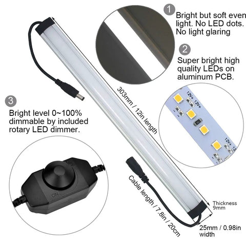 Under Cabinet LED Light Kit 3 Bar Set 1 Ft Each 20W 1000 Lumen Daylight White 5000K Dimmable Plug In Kitchen Cabinet Lights No Dots