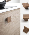 Wooden Cabinet Door Handles Four Pack Minimalist Single Hole Drawer Pulls for Wardrobes; installed, front, side, and angle views