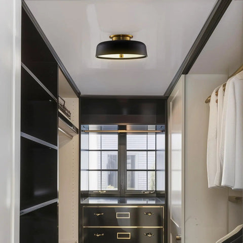 12 Inch Mid Century Modern Black Semi Flush Mount Ceiling Light With Frosted Glass Diffuser 2 Light Low Profile Dome in closet