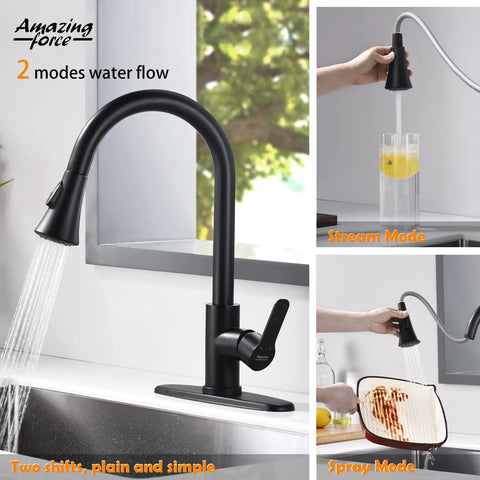 Matte Black Kitchen Faucet With Pull Down Sprayer Stainless Steel Sink Faucet Single Handle 1.8 GPM Great For Kitchen RV And Laundry Built Tough With Durable SUS 304 Construction