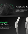 Front view of a black mesh pump barrier bag and stainless steel adjustable hose clamps for pond pump setup.