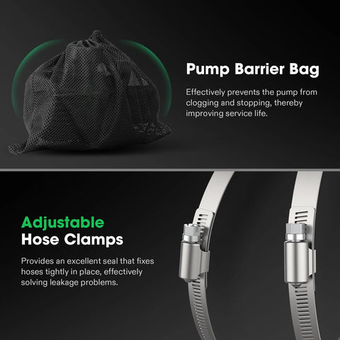 Front view of a black mesh pump barrier bag and stainless steel adjustable hose clamps for pond pump setup.