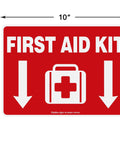 First Aid Kit sign sticker, 10x7 inch red vinyl with white medical kit icon and downward arrows