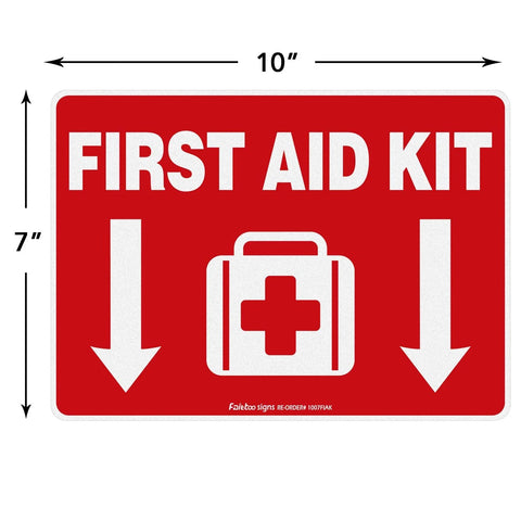 First Aid Kit sign sticker, 10x7 inch red vinyl with white medical kit icon and downward arrows