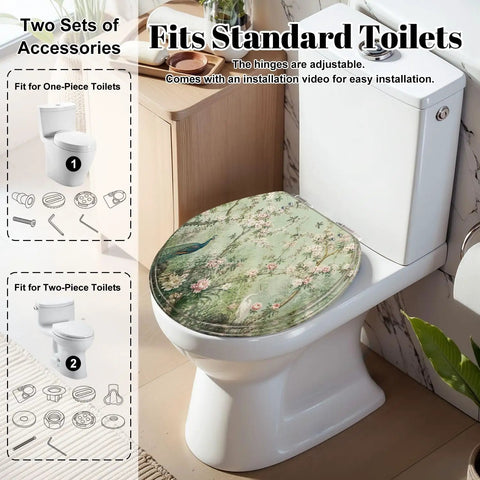 Round Peacock White Heron Blooming Garden Cherry Blossoms Toilet Seat on standard toilet with adjustable hinges.