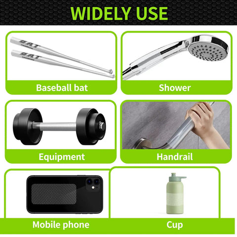 Non Slip Rubber Grip Tape With Enhanced Texture For A Secure Hold And Friction, Keeps Your Gear From Slipping On Tools Gadgets Diy And More, High Bond Adhesive, Clear 2 Inch By 6.6 Foot applied to various items including baseball bat, shower, equipment, handrail, mobile phone, and cup.