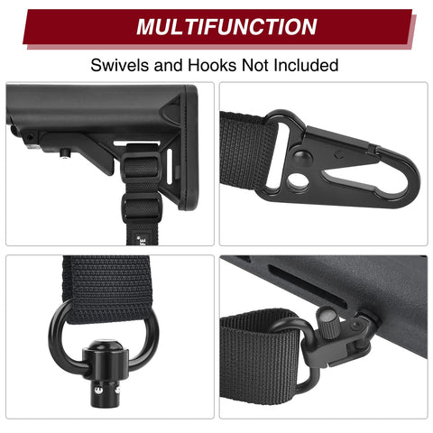 Close-up of Two Point Rifle Sling With Quick Adjust Loop 1.25 Inch Wide Nylon Webbing and attachments for outdoor use.