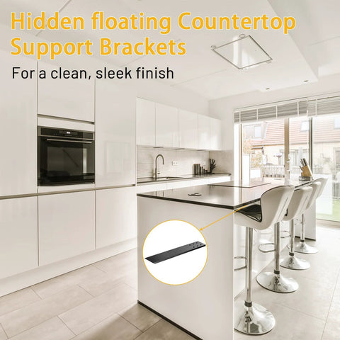 Modern kitchen with island featuring Hidden Granite Countertop Support Brackets 4 Pack, shown supporting sleek countertop.