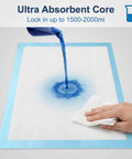 Legit Super Absorbent 23 X 36 Inch Disposable Underpads For Adults Incontinence And Seniors Straight Up Leak Proof Overnight Bed Pads Heavy Duty Pee Pads For Multi Purpose Mattress Protection 40 Count with blue liquid pouring.