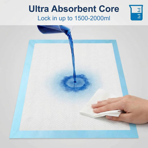 Legit Super Absorbent 23 X 36 Inch Disposable Underpads For Adults Incontinence And Seniors Straight Up Leak Proof Overnight Bed Pads Heavy Duty Pee Pads For Multi Purpose Mattress Protection 40 Count with blue liquid pouring.