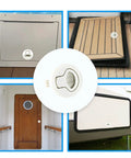 Heavy Duty White Flush Pull Slam Latches 4 Pack For Cabinets And Storage Drawers, shown on various cabinet types.