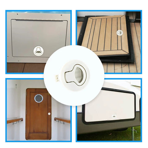 Heavy Duty White Flush Pull Slam Latches 4 Pack For Cabinets And Storage Drawers, shown on various cabinet types.