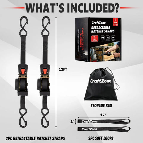 Heavy Duty Retractable Ratchet Tie Down Straps One Inch Wide By Twelve Feet Long Featuring Smooth Auto Rewind and Rock Solid Grip, two packs and storage bag.