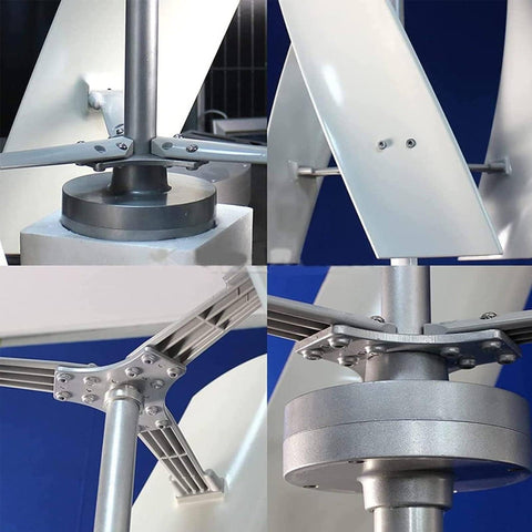 Close-up of Off Grid Ready Magnetic Levitation Wind Turbine Generator Kit 3000W Upright System with metal rotor and blades.