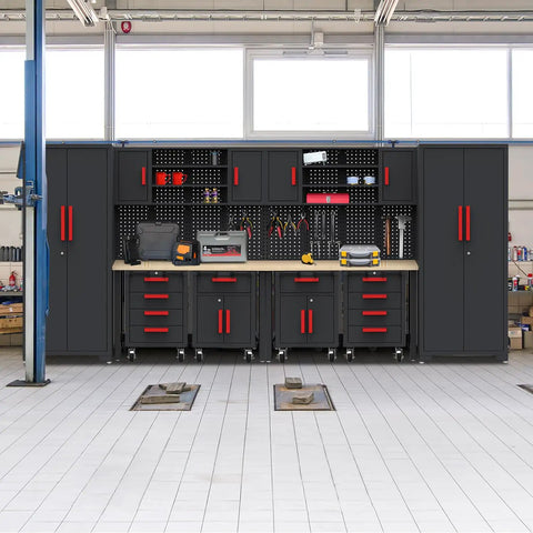 Ultimate Garage Gear Up Storage System with lockable steel cabinets, pegboard panels, rolling tool chests, and 52 inch workbench.