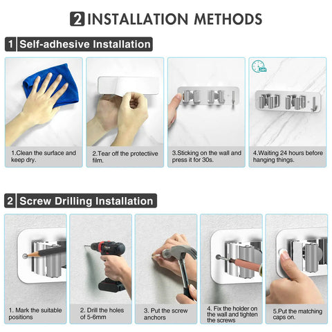 Heavy Duty Wall Mount Mop And Broom Holder 2 Pack With 2 In 1 No Drill And Screw Installation Stainless Steel Organizer Installation Guide