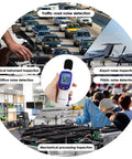Wireless Sound Level Meter With App Data Logging Bluetooth, portable decibel meter held in hand for noise checks in office, traffic, airport