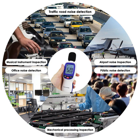 Wireless Sound Level Meter With App Data Logging Bluetooth, portable decibel meter held in hand for noise checks in office, traffic, airport