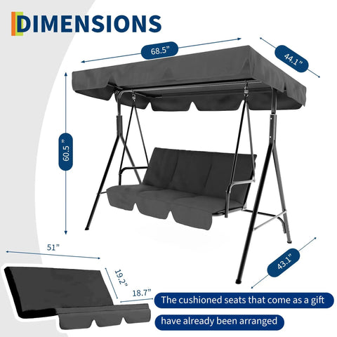 Three Seat Outdoor Porch Swing With Stand And Adjustable Canopy For Backyard Patio, 800 Lb Capacity, Tilt Shade In Grey dimensions.