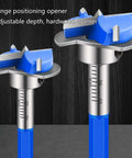 Front view of blue-handled woodworking hinge boring bit for 35mm hinges; adjustable-depth scale on metal shaft