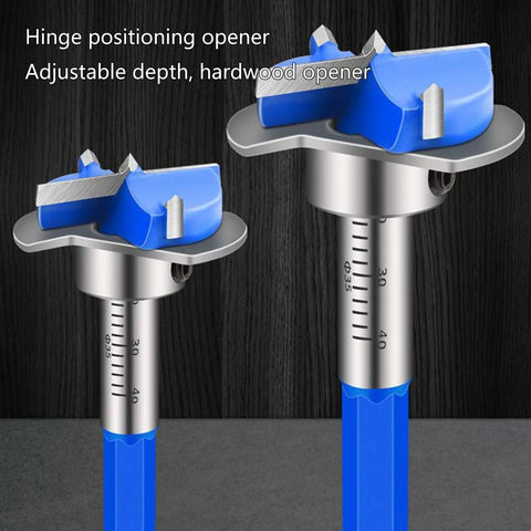 Front view of blue-handled woodworking hinge boring bit for 35mm hinges; adjustable-depth scale on metal shaft