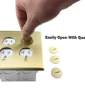 Screw Cap Floor Box Kit For Raised Floors 5x5 Inch 2-Gang Receptacle, 20A Tamper-Resistant, UL Listed Brass Finish being opened with coin