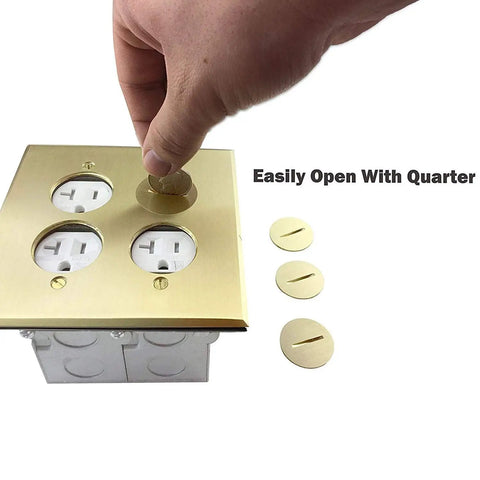 Screw Cap Floor Box Kit For Raised Floors 5x5 Inch 2-Gang Receptacle, 20A Tamper-Resistant, UL Listed Brass Finish being opened with coin