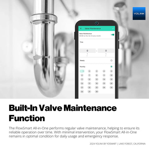 FlowSmart All-In-One Smart Water Meter With Auto Shutoff For Three Quarter Inch Pipes showing built-in valve maintenance feature.