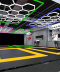 Geometric Hexagon LED Shop Light For Garage And Workshop Ultra Bright High Output Lighting For Car Detailing And Home Gym 14 Hex Grid Panels In Green Wide Coverage AC 100 To 240V Energy Efficient Easy Install Durable Construction