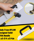 Laminate Flooring Tools Kit For LVP Installation with loading block and contour gauge in use, nylon handle shown