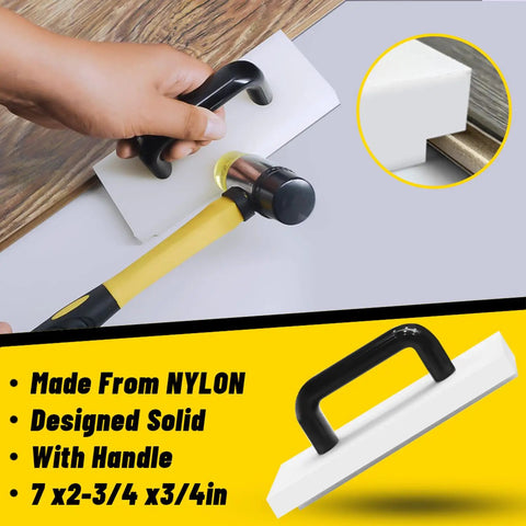 Laminate Flooring Tools Kit For LVP Installation with loading block and contour gauge in use, nylon handle shown