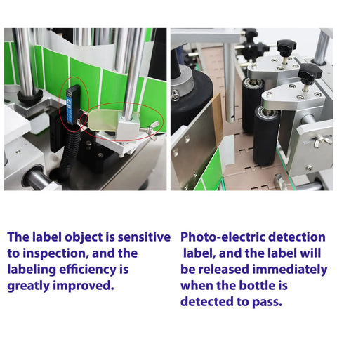 Close-up of Top Shelf Fully Automatic Round Bottle Labeling Machine With Snappy Touch Screen, showcasing photo-electric detection feature.