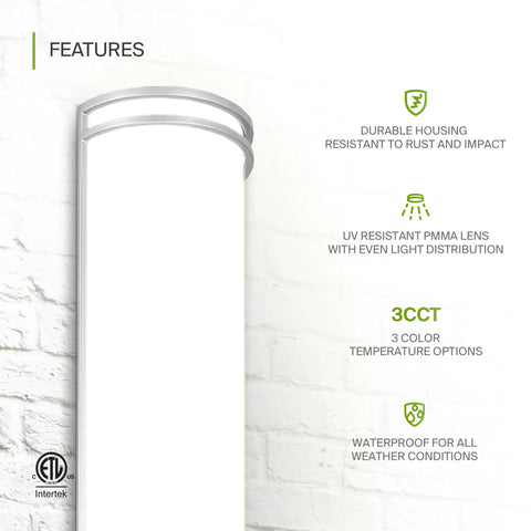 10 Inch Outdoor Wall Mount LED Sconce Light Dope Weatherproof UV Resistant Brushed Nickel Dimmable Exterior Fixture With Color Selectable 3000K 4000K 5000K Front Door And Patio Lamp ETL Listed, featuring durable housing and UV resistant lens on brick wall with labeled features, ETL listed icon visible.