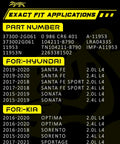 Parts compatibility list for Upgraded 150Amp Alternator, Hyundai Sonata, Santa Fe, Kia Optima, Sorento, Sportage models shown.