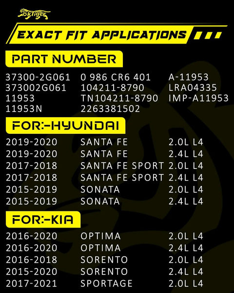 Parts compatibility list for Upgraded 150Amp Alternator, Hyundai Sonata, Santa Fe, Kia Optima, Sorento, Sportage models shown.