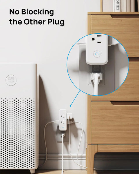 Real Deal Six Port Outlet Extender Surge Protector With Manual Switch And 360 Swivel Head in use behind furniture with clear access to other plug.
