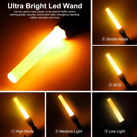 5 LED flash modes of 4 Pack 11-Inch Traffic Wand LED Flashlight With 7 Red Flash Modes, Ultra Bright Safety Signal Light