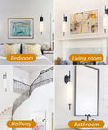 Black Milk Glass Wall Sconces Set Of 2 For Living Room Bedroom Hallway Mid Century Modern Style Lighting Fixtures with Matte Black Canopy and Soft Glass Glow shown in different rooms.