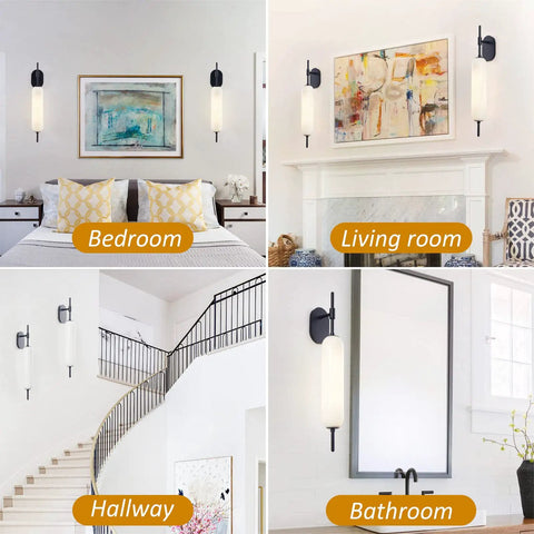 Black Milk Glass Wall Sconces Set Of 2 For Living Room Bedroom Hallway Mid Century Modern Style Lighting Fixtures with Matte Black Canopy and Soft Glass Glow shown in different rooms.