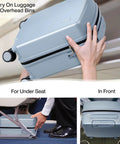 Underseat 16 Inch Carry On Luggage for travel, being placed in overhead bin, shown fitting under airline seat, gray with spinner wheels.
