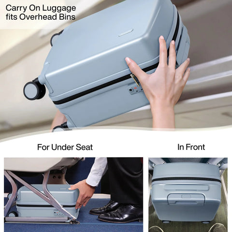 Underseat 16 Inch Carry On Luggage for travel, being placed in overhead bin, shown fitting under airline seat, gray with spinner wheels.